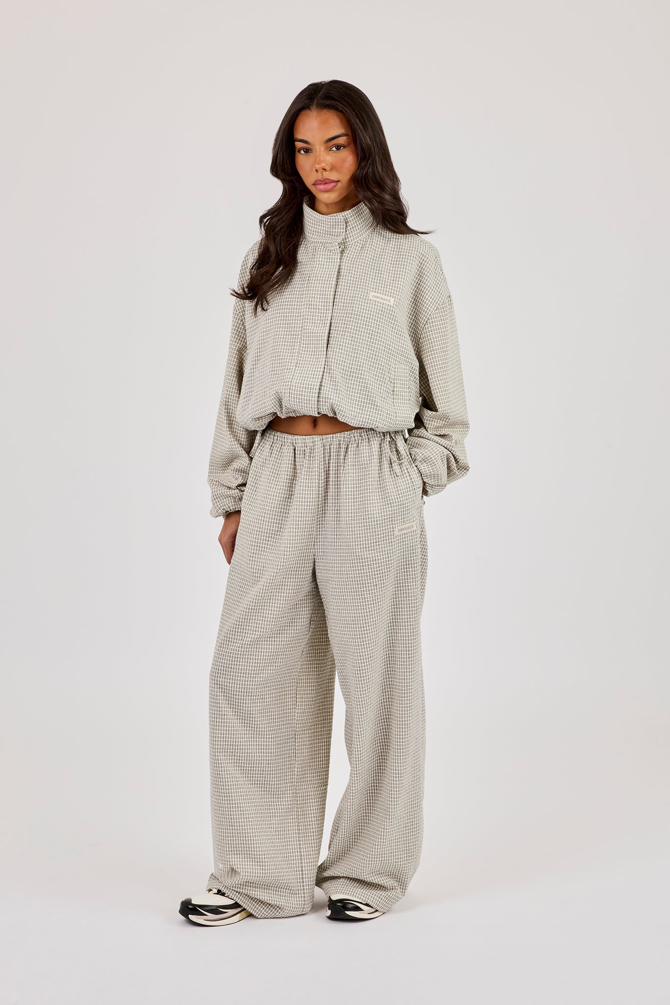 Check Twill Funnel Neck Jacket & Wide Leg Trouser – Off White